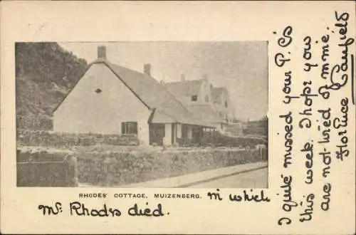 Ak Muizenberg Cape Town Kapstadt Südafrika, Rhodes Cottage, schwarz-weiß Bild, Text über vermisst