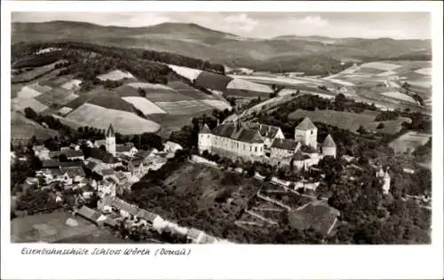 Ak Wörth an der Donau Oberpfalz Bayern, Luftaufnahme von Schloss Wörth, Eisenbahnschule, Landscha