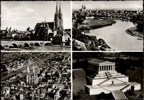Ak Regensburg an der Donau Oberpfalz, Vier Ansichten von  Walhalla, Brücken, Kirchen