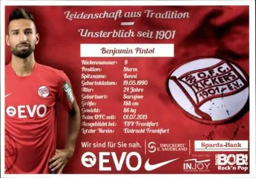 Autogrammkarte Fußballer Benjamin Pintol, Kickers Offenbach, Autogramm