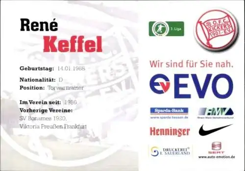 Autogrammkarte Torwarttrainer René Keffel, Kickers Offenbach, Autogramm