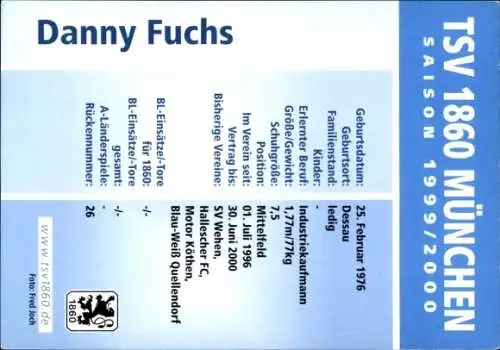 Autogrammkarte Fußballer Danny Fuchs, TSV 1860 München, Autogramm