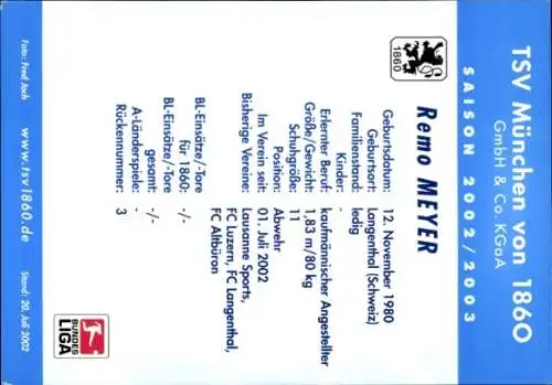 Autogrammkarte Fußballer Remo Meyer, TSV 1860 München, Autogramm