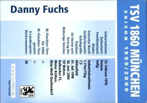 Autogrammkarte Fußballer Danny Fuchs, TSV 1860 München, Autogramm