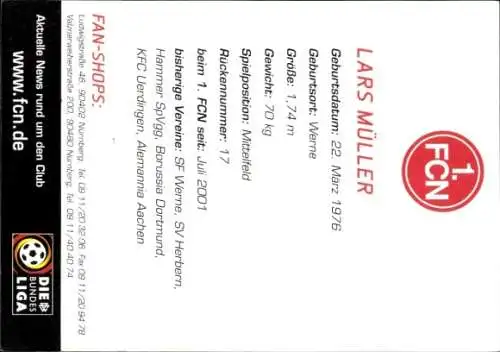 Autogrammkarte Fußballer Lars Müller, 1. FC Nürnberg, Autogramm