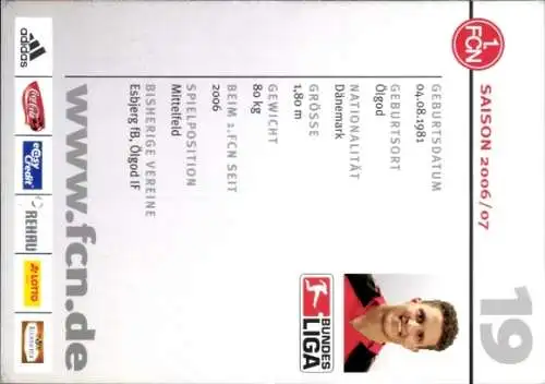 Autogrammkarte Fußballer Jan Kristiansen, 1. FC Nürnberg, Autogramm