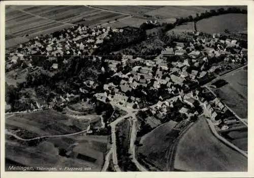 Ak Meuselwitz in Thüringen, Luftaufnahme von Mellingen, Wohnungen, Felder, Bäume, 1939
