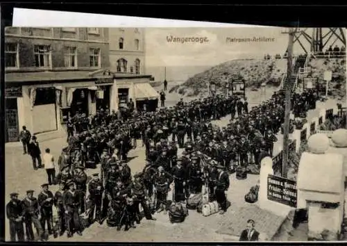 Ak Wangerooge, Matrosen-Artillerie, Ankunft 1914, Hotelier Franz Gerken, Fotograf Hermann Schröder