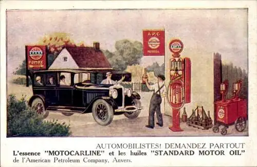 Ak L'Essence Motocarline et les huiles Standard Motor Oil, APC Americam Petroleum Company Anvers