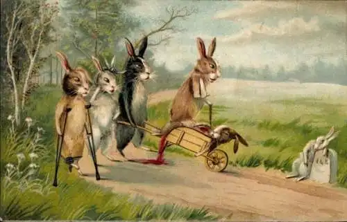 Ak Verletzte Hasen, Schubkarre, Krücken