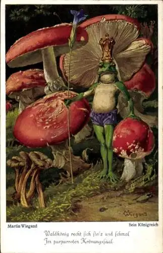 Künstler Ak Wiegand, M., Fliegenpilze, Junger Trompetenpfifferling, Frosch