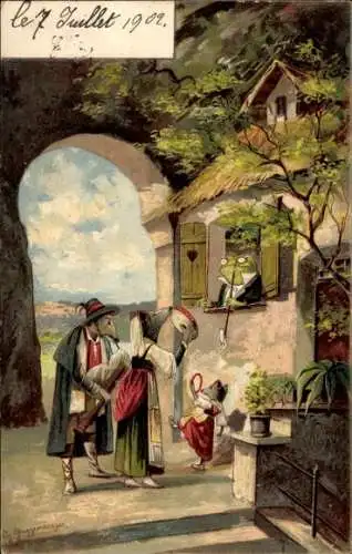 Künstler Ak Guggenberger, Mäusefamilie, Frosch, Vermenschlicht