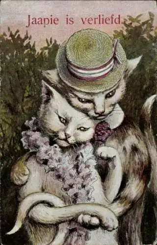 Ak Zwei vermenschlichte Katzen umarmen sich, Liebespaar