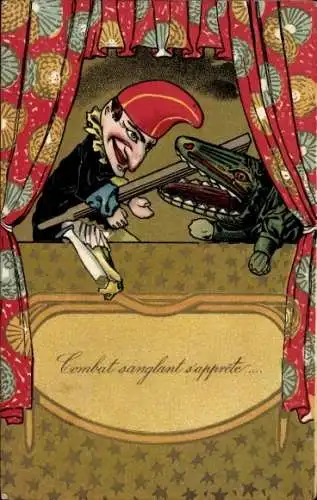 Präge Ak Puppentheater, Zwerg kämpft gegen Krokodil