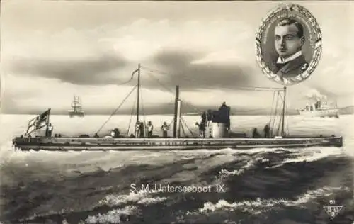 Ak Deutsches U Boot, Unterseeboot, SM U 9, Kapitänleutnant Otto Weddigen