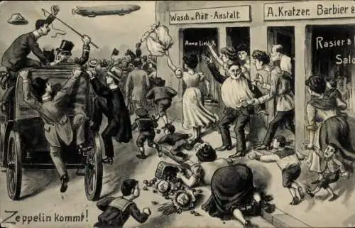 Künstler Ak Zeppelin kommt! Straßenszene, Schaulustige, Barbier A. Kratzer, Kutsche