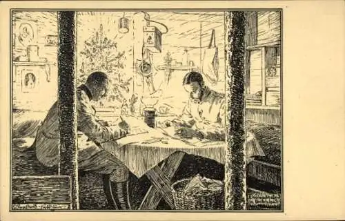 Künstler Ak Res. Jäger Batl. 4, Weihnachten im Unterstand, 1. WK