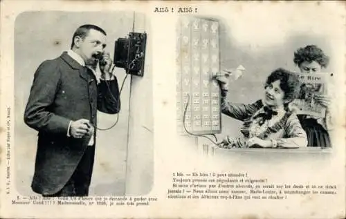 Ak Telefon, Mann telefoniert, Dame an einer Telefonzentrale 