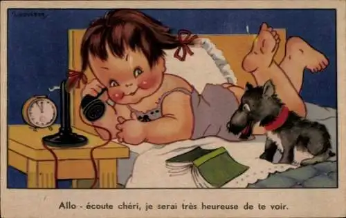 Ak Mädchen beim Telefonieren, Bett, Hund, Buch, Wecker