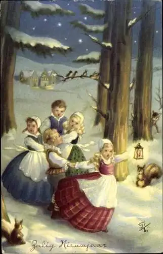 Künstler Ak Glückwunsch Neujahr, Kinder im Wald, Eichhörnchen