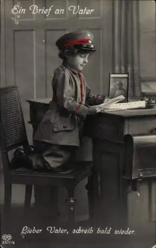 Ak Junge in Uniform, Brief an Vater, Lieber Vater, schreib bald wieder