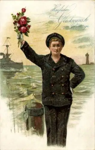 Ak Glückwunsch Geburtstag, Matrose mit Blumenstrauß