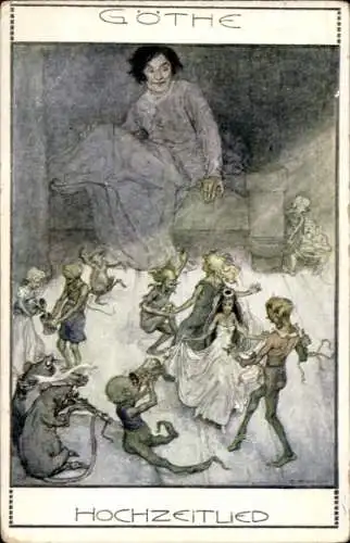 Künstler Ak Goethe, Hochzeitslied, Tanzende Menschen, Musizierende Tiere