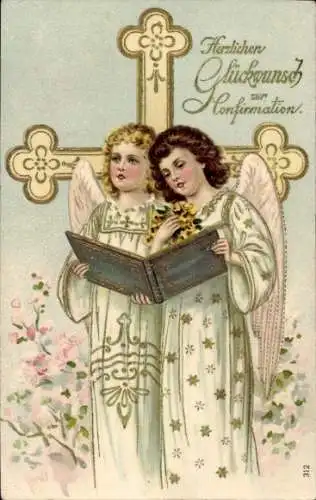 Präge Ak Glückwunsch Konfirmation, Singende Engel, Kreuz