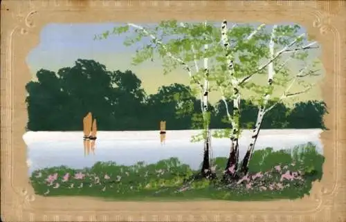 Präge Handgemalt Ak Birken, See, Segelboote
