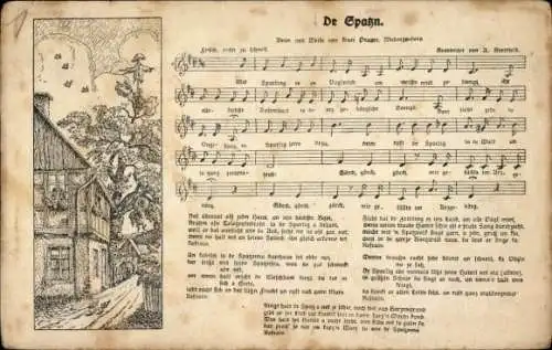 Lied Ak De Spatzn, Wohnhaus, Baum, Vögel im Flug