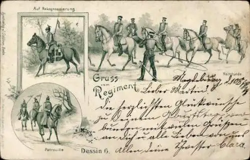 Litho Soldatenleben, Regiment, Reitstunde, Patrouille