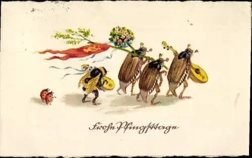 Ak Frohe Pfingsten, Maikäfer, Hummel
