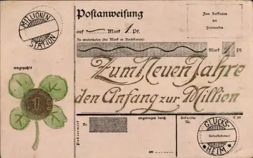 Präge Ak Zum Neuen Jahre den Anfang zur Million, Pfennig, Kleeblatt, Postanweisung