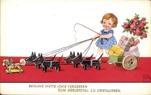 Künstler Ak Wills, John, Geburtstagsglückwunsch, Kind mit Spielzeug