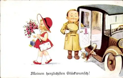 Künstler Ak Meinen herzlichsten Glückwunsch, Mädchen mit Blumen, Automobil, Chauffeur, Hund