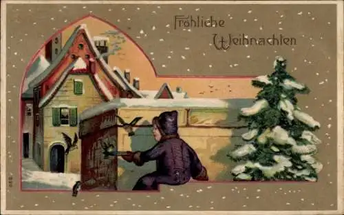 Ak Fröhliche Weihnachten, Kind am Haus, Tanne