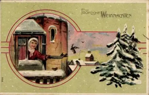 Ak Fröhliche Weihnachten, Kind am Fenster füttert Vögel