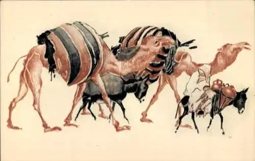 Handgemalt Künstler Ak Algier Alger Algerien, Karawane, Kamele, Esel