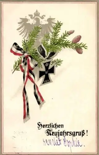 Ak Herzlicher Neujahrsgruß, eisernes Kreuz, Band, Tannenzweig