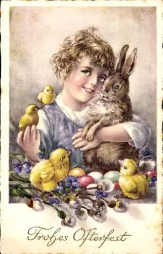 Ak Frohes Osterfest, Kleines Mädchen mit Hase und Küken