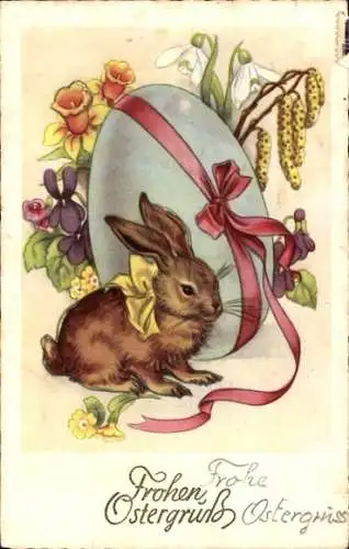 Ak Frohen Ostergruß, Hase und Ei mit Schleife