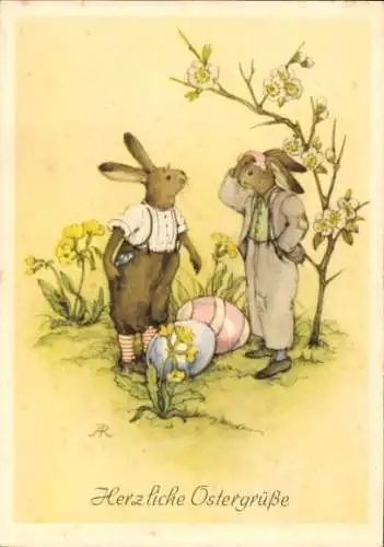 Ak Herzliche Ostergrüße, zwei Hasen mit Eiern