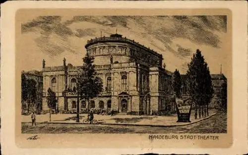 Ak Magdeburg an der Elbe,  Stadttheater, Personen, Bäume, Straße