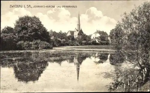 Ak Zwickau in Sachsen, Partie am Weiher, Johanniskirche, Pfarrhaus