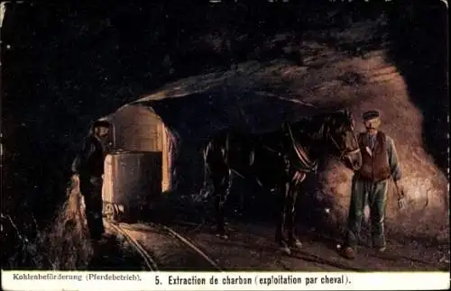 Ak Zeche, Bergleute, Kohlenbeförderung, Pferdebetrieb