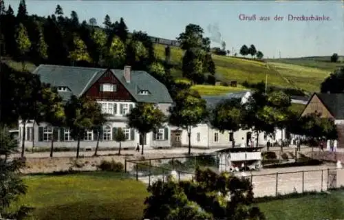 Ak Potůčky Breitenbach Region Karlsbad, Dreckschänke, Vorderansicht eines Gasthauses, grüner H...