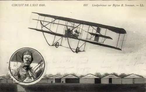 CPA Circuit de l'Est 1910, Lindpaintner sur Biplan R. Sommer, Doppeldecker Flugzeug