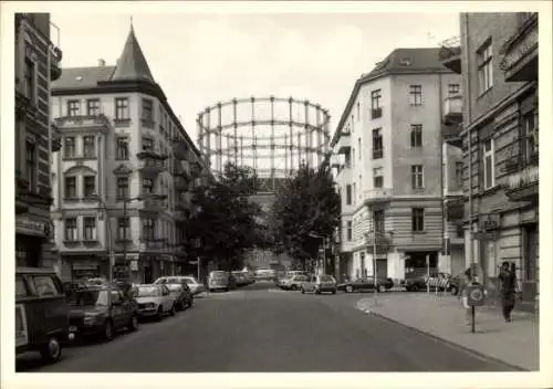 Ak Berlin Schöneberg, Leuthener Straße, Blick zum Gasometer Schöneberg,  Stadtansicht, schwarz-we