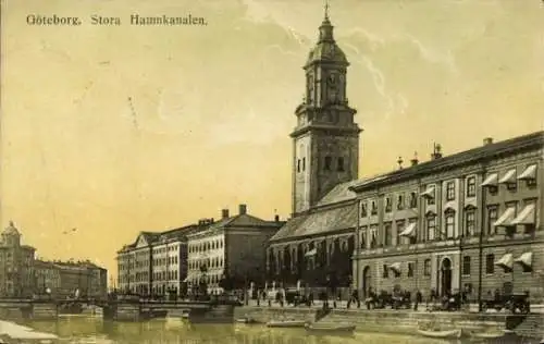 Ak Göteborg Schweden, Stora Hamnkanalen, s Gebäude, Turm, Wasserstraße
