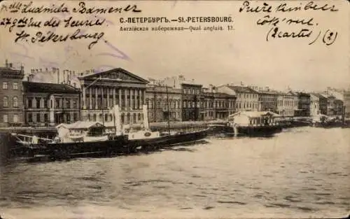 Ak Sankt Petersburg Russland, Boote am Anleger, Häuserreihe